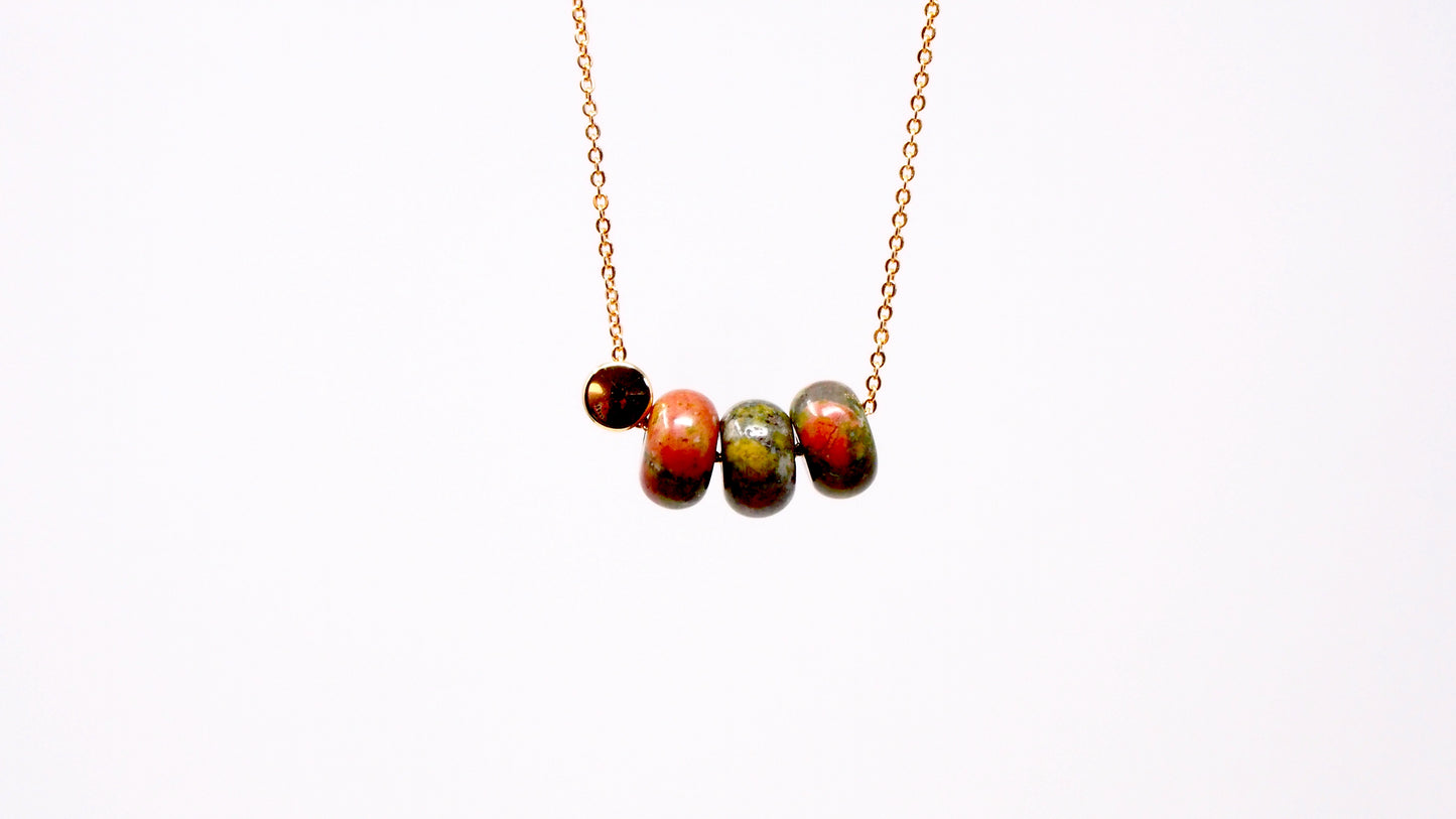 Unakite rondelle gemstone gold necklace