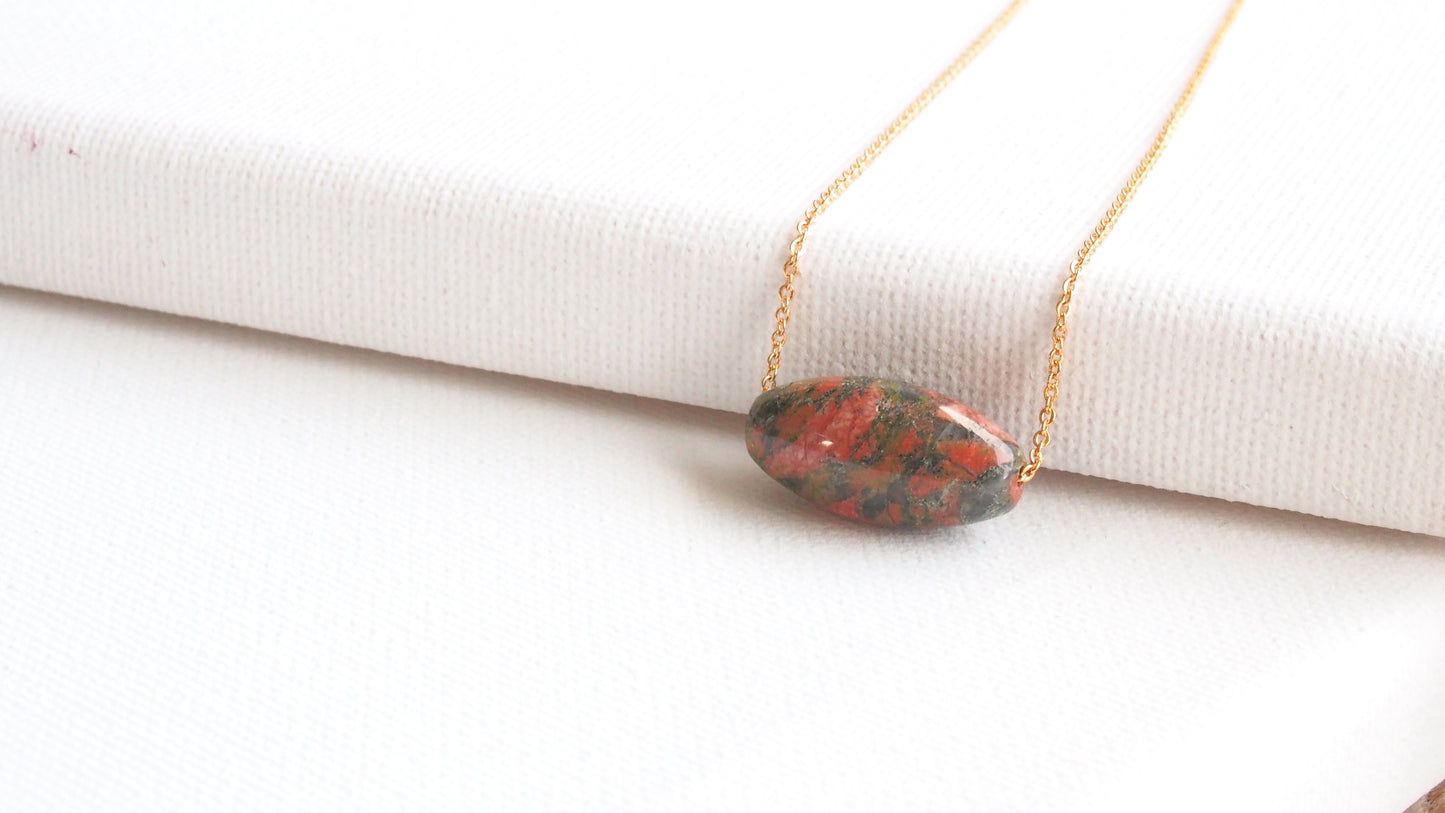 Unakite oval gemstone gold necklace