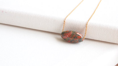 Unakite oval gemstone gold necklace